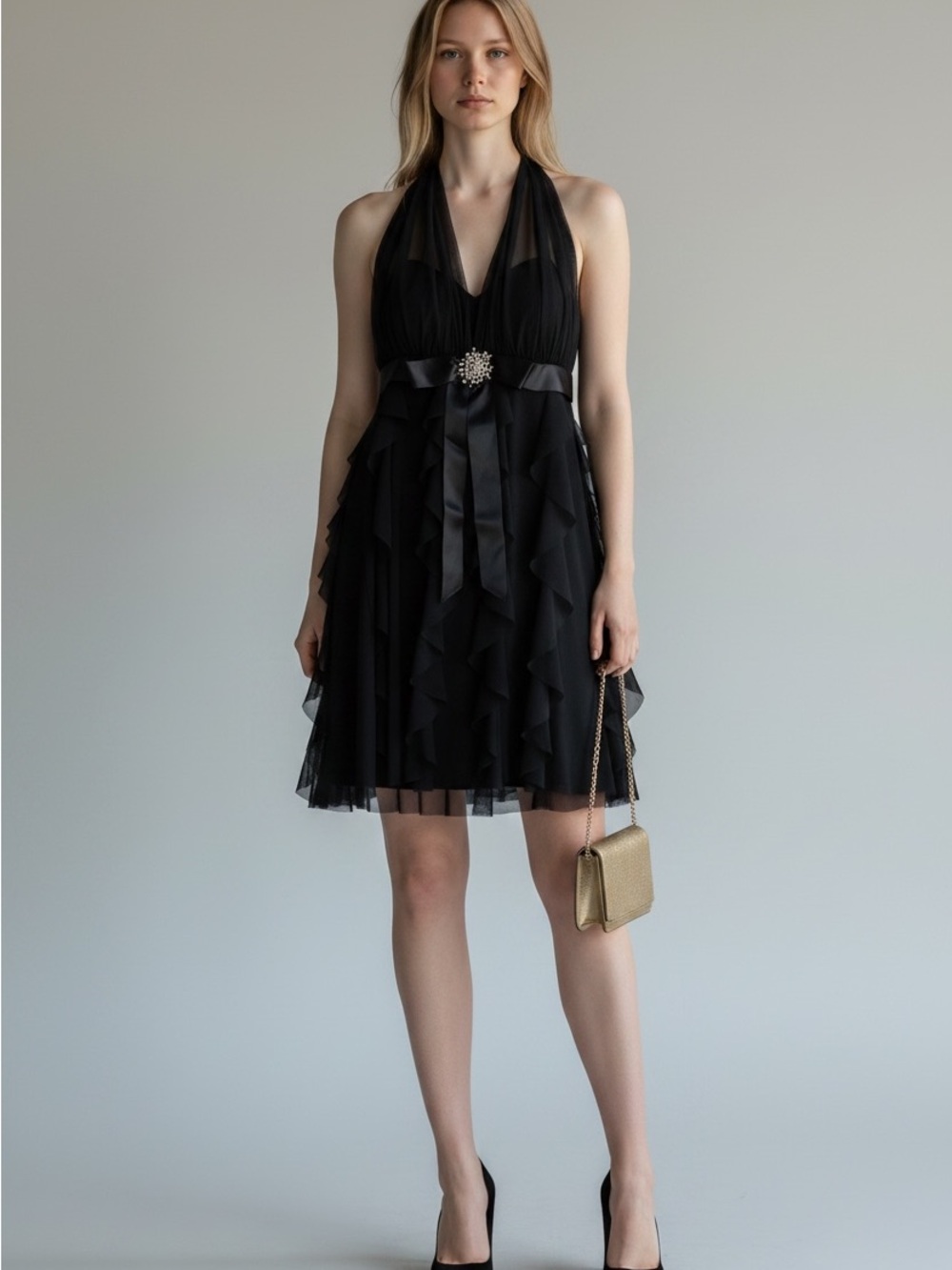 Betsy & Adam Black Halter Ruffle Mini Dress with Satin Waist Tie and Brooch